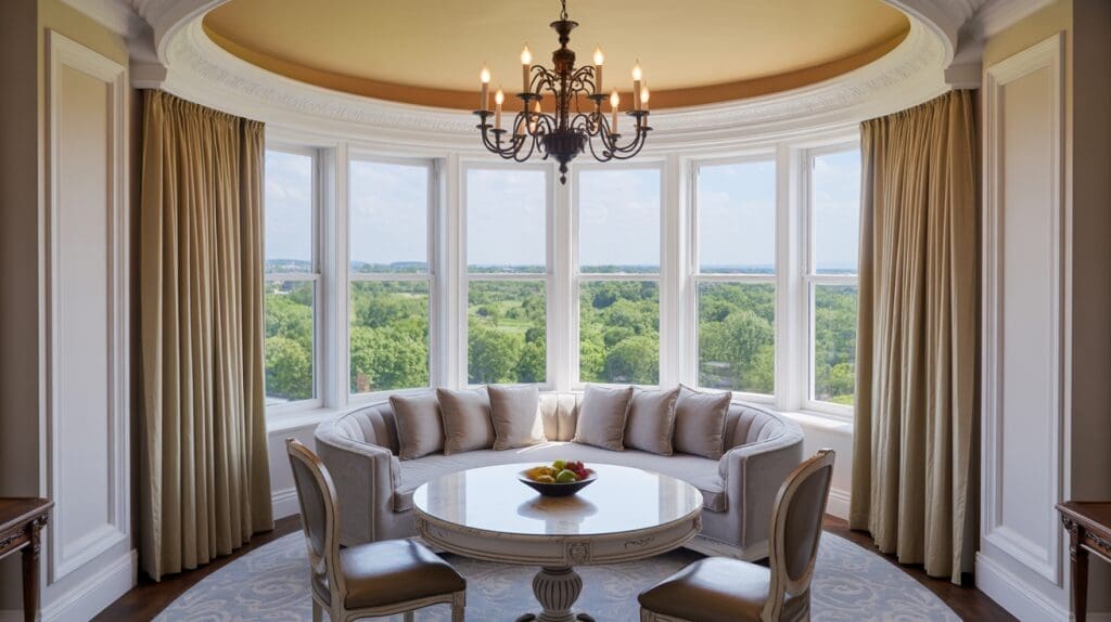 Salón luminoso reformado en La Moraleja con ventanales, cortinas y lámpara de techo