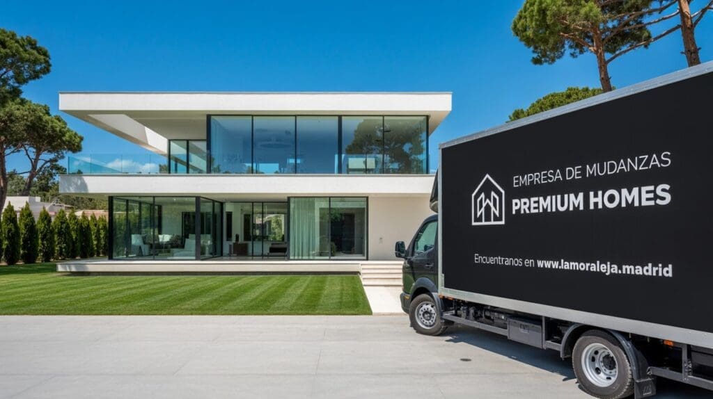 Camión de empresa de mudanzas trabajando en una vivienda de La Moraleja