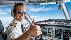Piloto comercial en cabina de avión durante formación en escuela de aviación cerca de La Moraleja